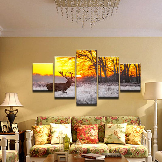 Deer At Sunrise 5 Panel Canvas Print Wall Art - GotItHere.com