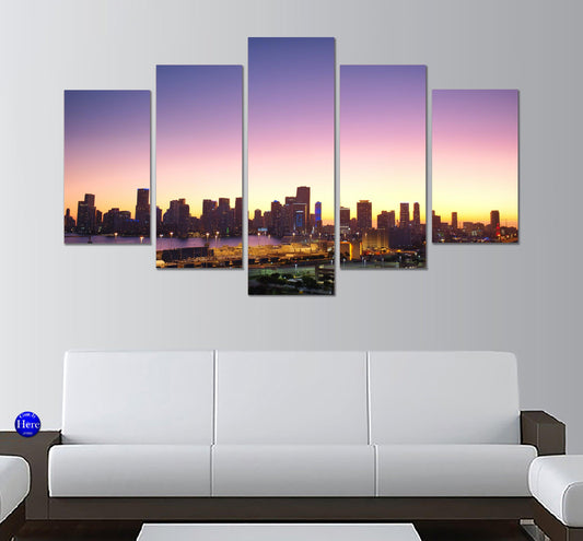 Miami Florida City Sunset 5 Panel Canvas Print Wall Art - GotItHere.com