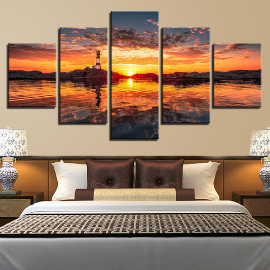 Lighthouse At Sunset 5 Panel Canvas Print Wall Art - GotItHere.com